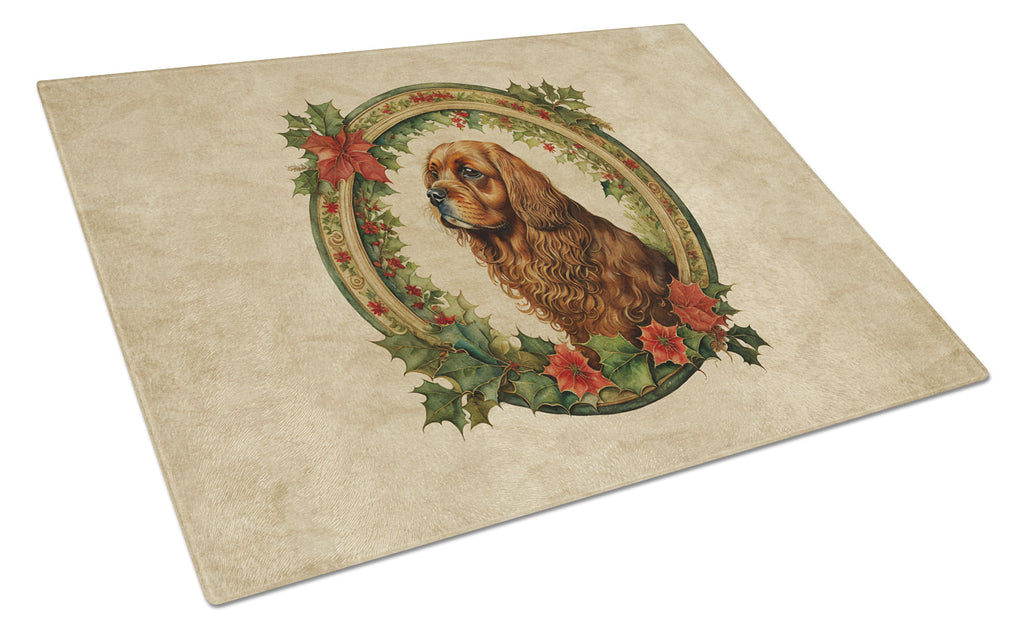 Sussex Spaniel Christmas Flowers Cutting Board Tempered Glass Kitchen Cutting Surface, Heat Resistant Chopping, Non-Slip Feet, Food Prep & Serving
