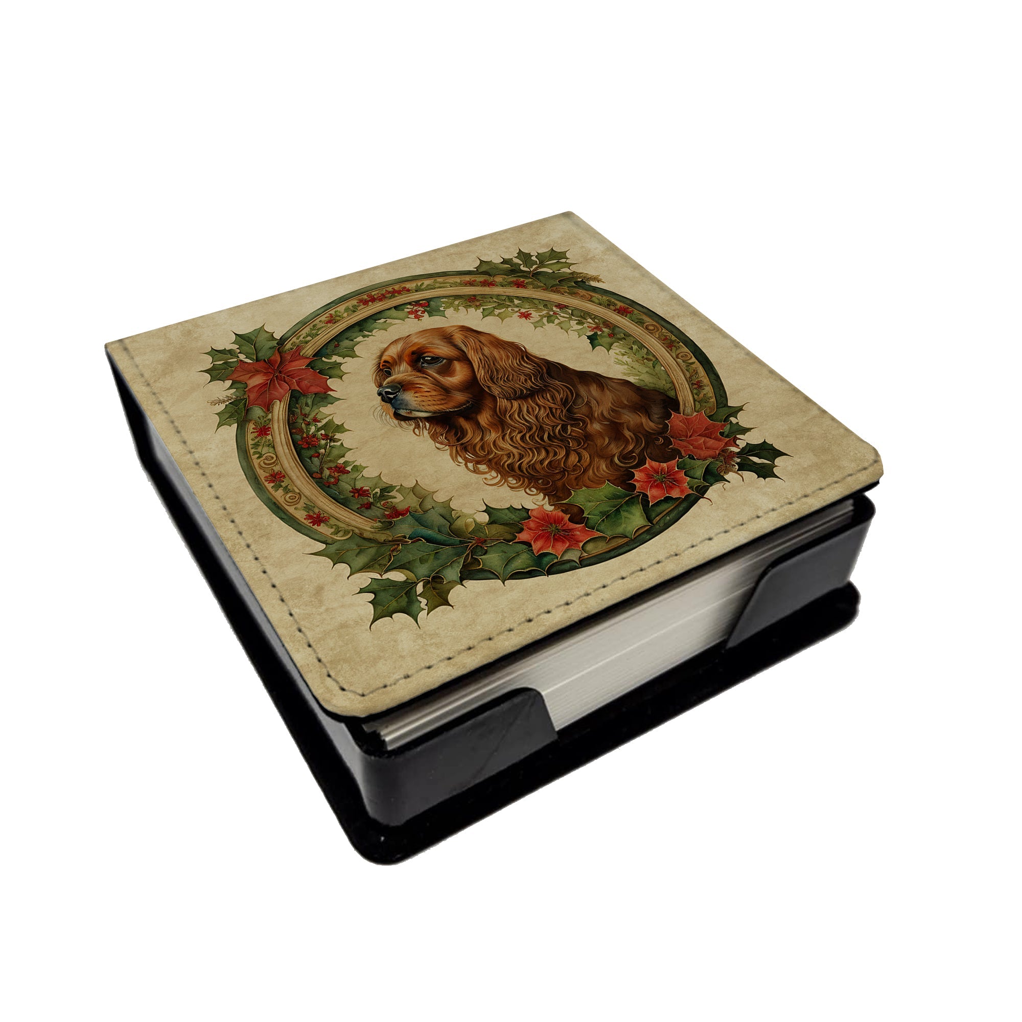 Sussex Spaniel Christmas Flowers PU Leather Note Paper Holder with Artist-Designed Cover, Desk Accessory, Office Gift