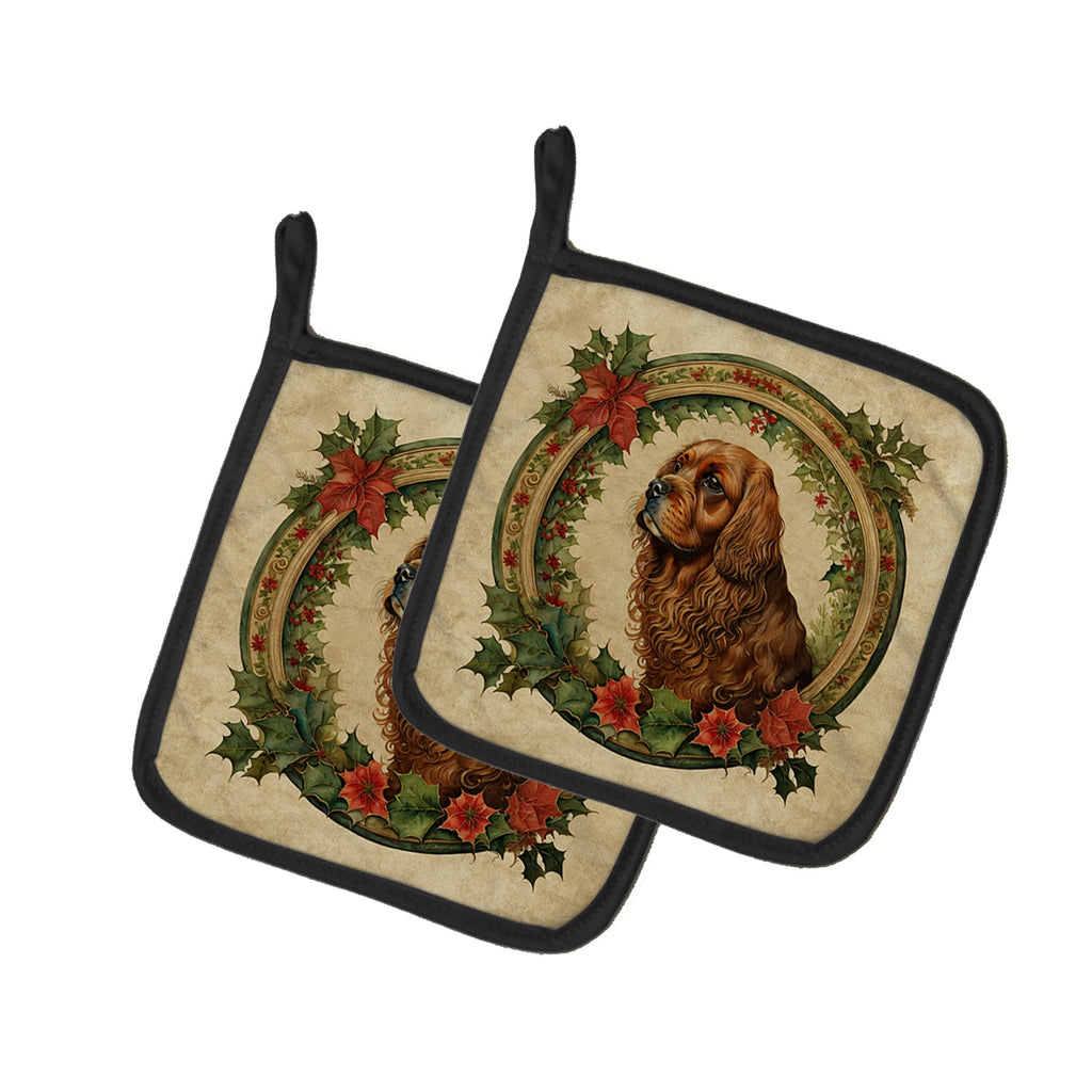 Sussex Spaniel Christmas Flowers Pot Holder Set of 2 Heat Resistant Quilted Hot Pads 7.5 x 7.5 Inch, Insulated Kitchen Trivets for Cooking & Baking