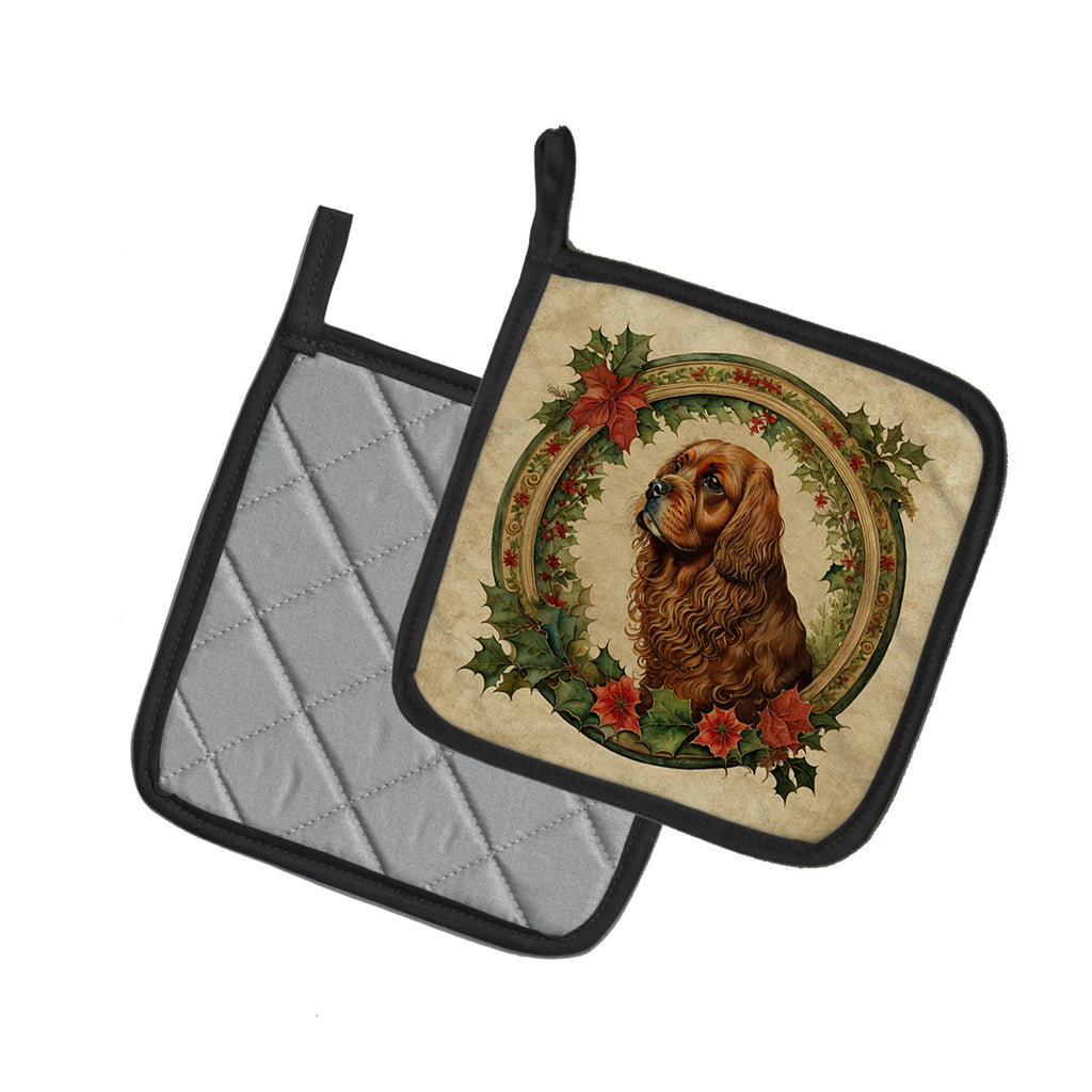 Sussex Spaniel Christmas Flowers Pot Holder Set of 2 Heat Resistant Quilted Hot Pads 7.5 x 7.5 Inch, Insulated Kitchen Trivets for Cooking & Baking