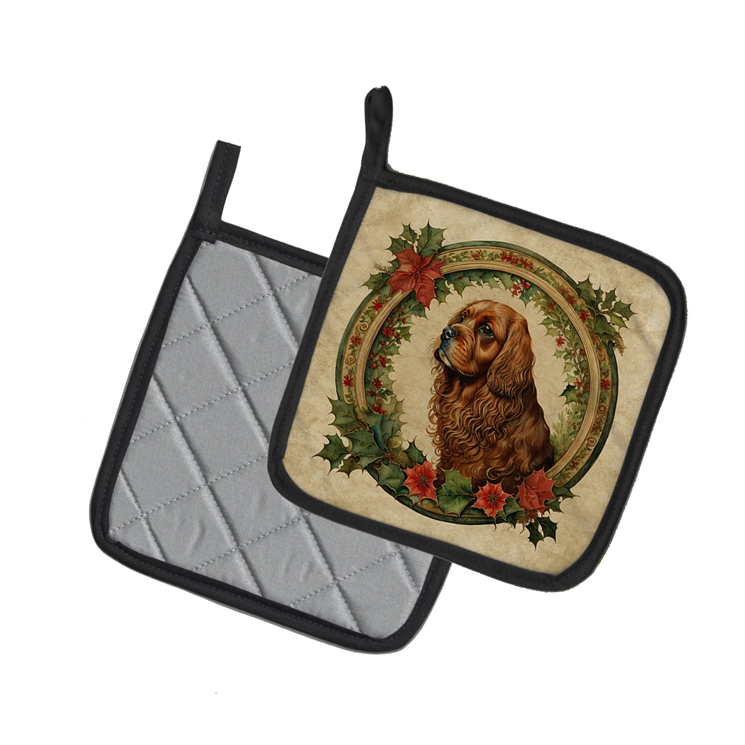 Sussex Spaniel Christmas Flowers Pot Holder Set of 2 Heat Resistant Quilted Hot Pads 7.5 x 7.5 Inch, Insulated Kitchen Trivets for Cooking & Baking