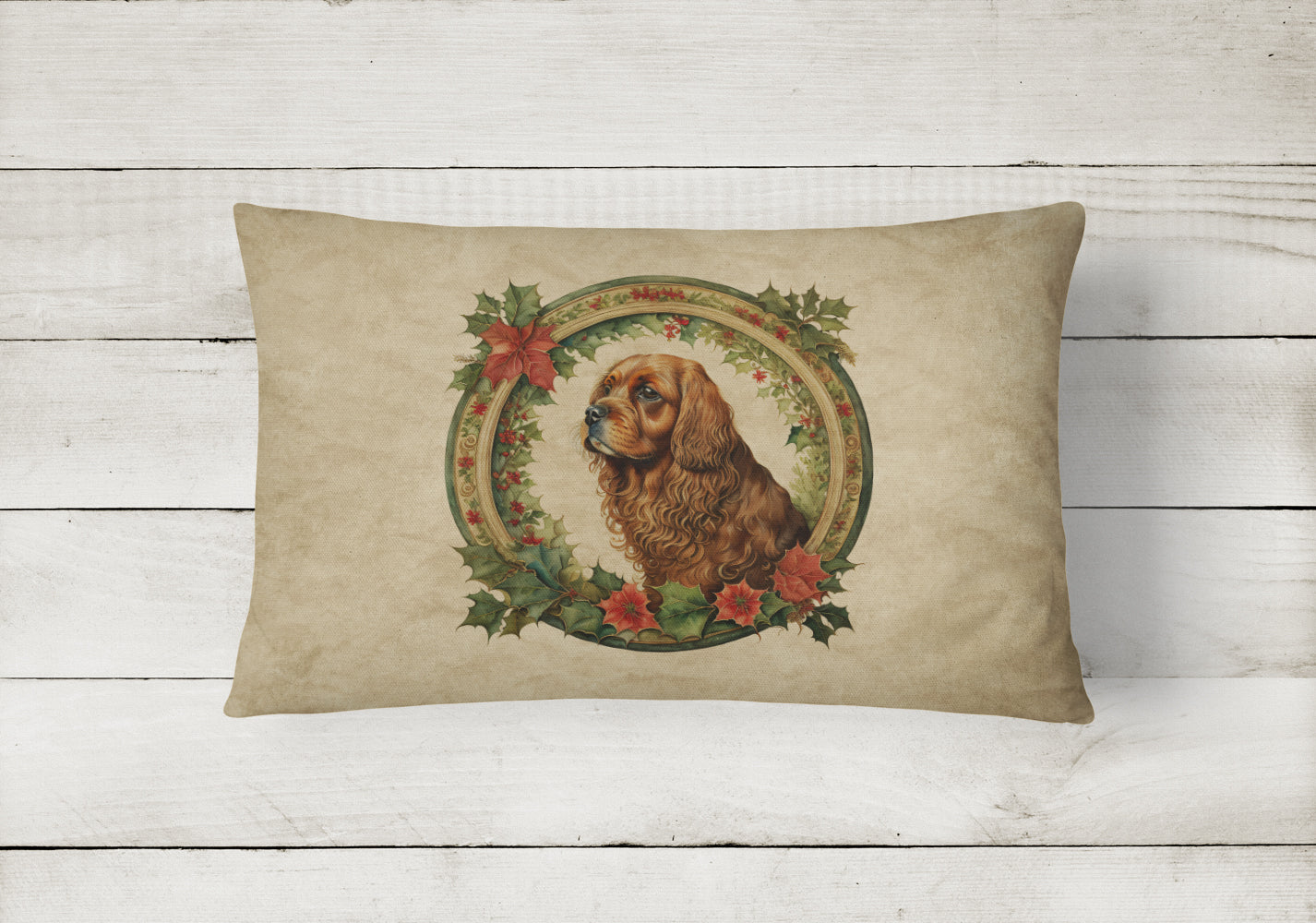 Sussex Spaniel Christmas Flowers Decorative Throw Pillow 12x16 Indoor Outdoor Accent Cushion, Fabric Cover with Insert for Sofa, Bed, Porch & Living Room
