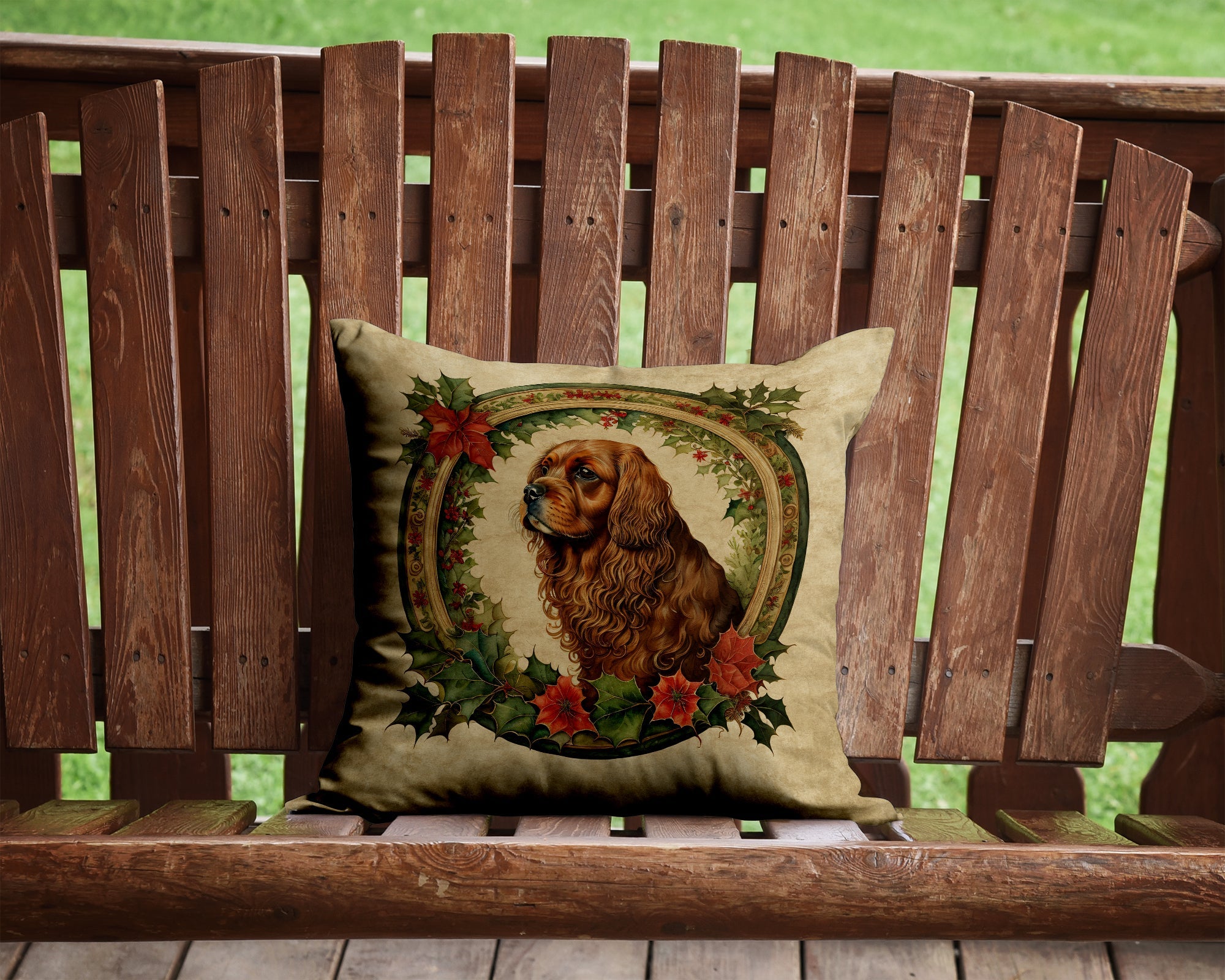 Sussex Spaniel Christmas Flowers Decorative Throw Pillow 14x14 Indoor Outdoor Accent Cushion, Fabric Cover with Insert for Sofa, Bed, Porch & Living Room