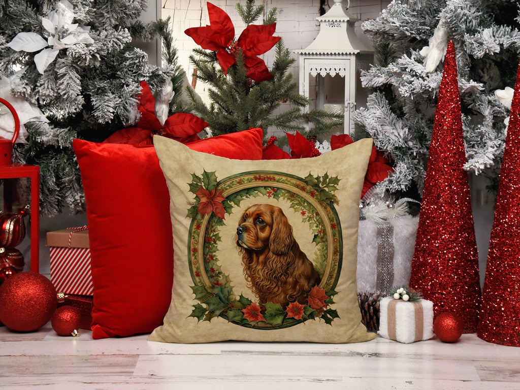 Sussex Spaniel Christmas Flowers Decorative Throw Pillow 18x18 Indoor Outdoor Accent Cushion, Fabric Cover with Insert for Sofa, Bed, Porch & Living Room