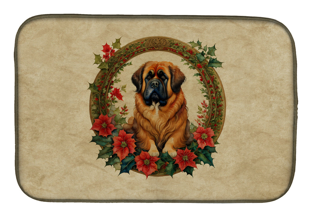 Tibetan Mastiff Christmas Flowers Dish Drying Mat Absorbent Dish Drying Mat Pad for Kitchen Counter Dish Drainer Mat for Countertop, 14 x 21", Multicolor