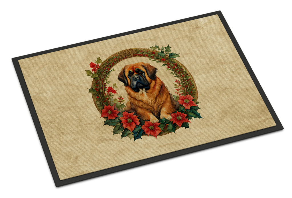 Tibetan Mastiff Christmas Flowers Doormat Indoor Outdoor 24H X 36W Front Door Mat Rugs for Entryway, Non Slip Washable Low Pile,
