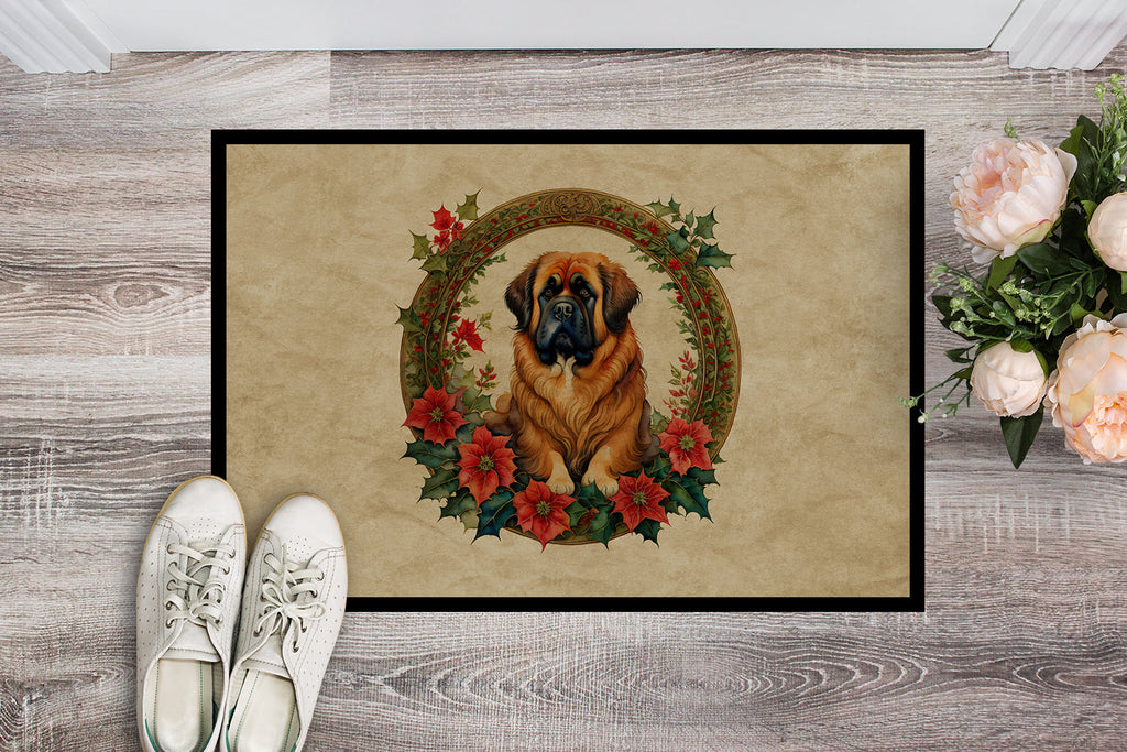 Tibetan Mastiff Christmas Flowers Doormat Indoor Outdoor 18H X 27W Front Door Mat Rugs for Entryway, Non Slip Washable