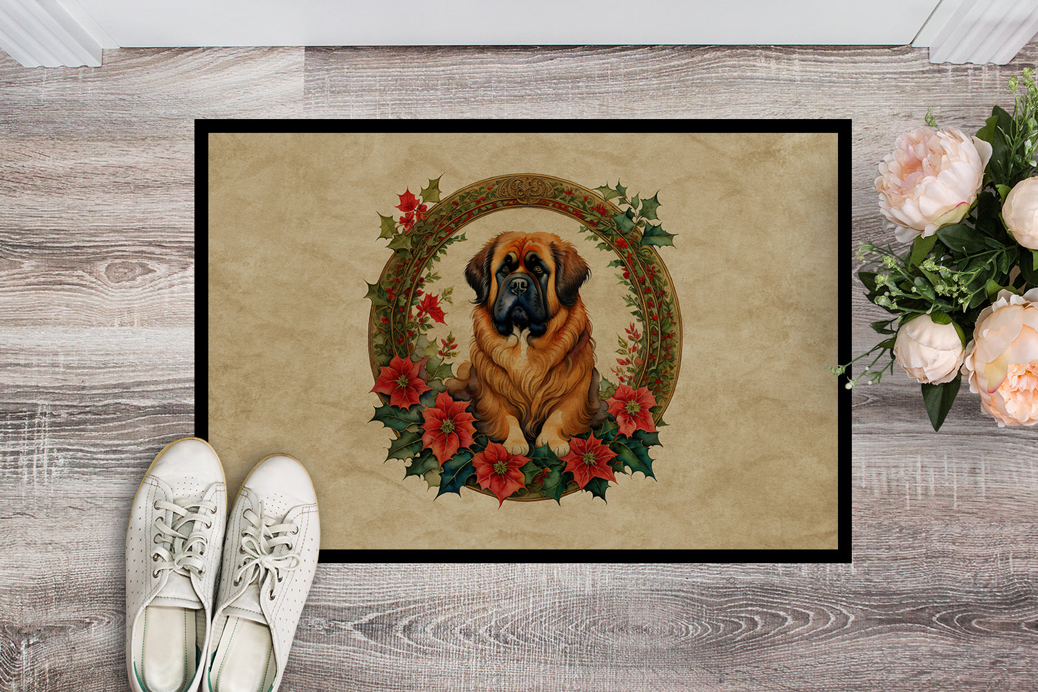 Tibetan Mastiff Christmas Flowers Doormat Indoor Outdoor 18H X 27W Front Door Mat Rugs for Entryway, Non Slip Washable