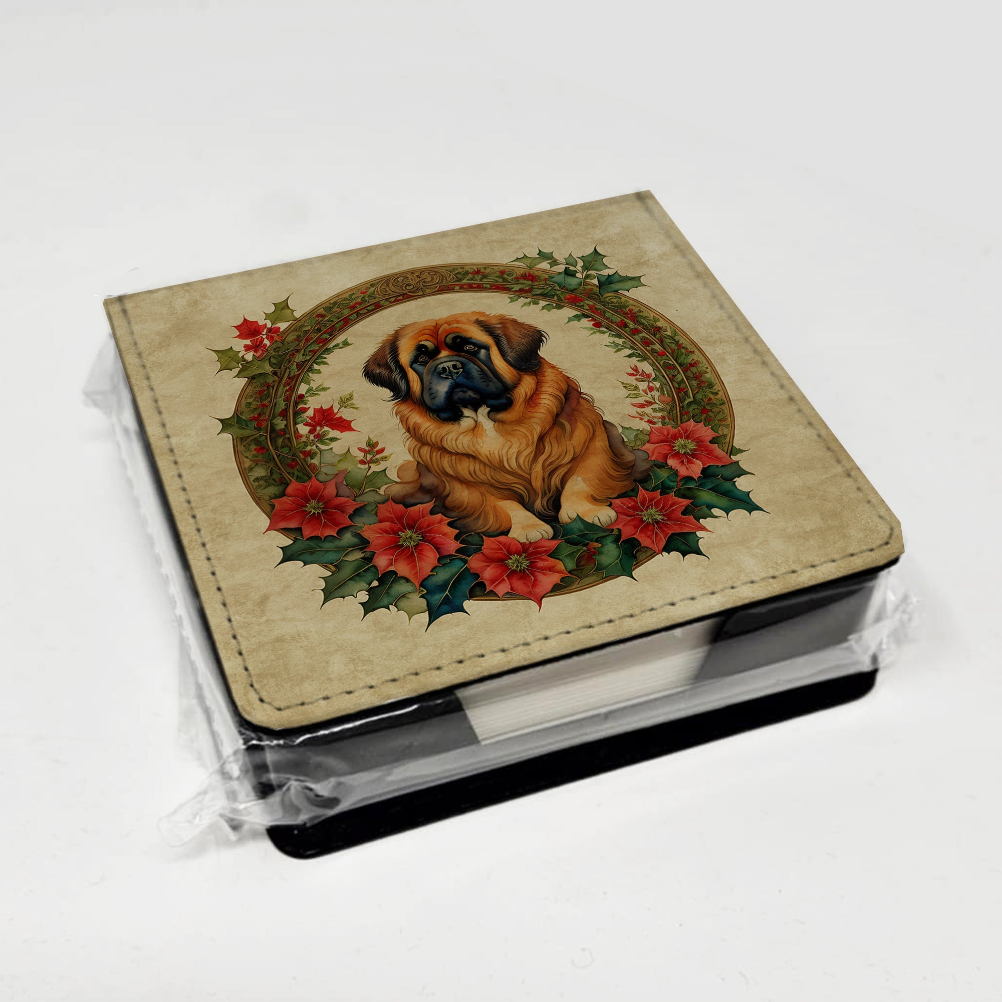 Tibetan Mastiff Christmas Flowers PU Leather Note Paper Holder with Artist-Designed Cover, Desk Accessory, Office Gift