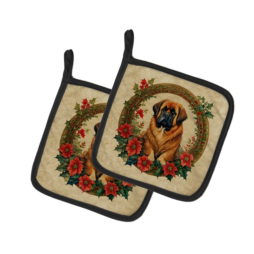Tibetan Mastiff Christmas Flowers Pot Holder Set of 2 Heat Resistant Quilted Hot Pads 7.5 x 7.5 Inch, Insulated Kitchen Trivets for Cooking & Baking