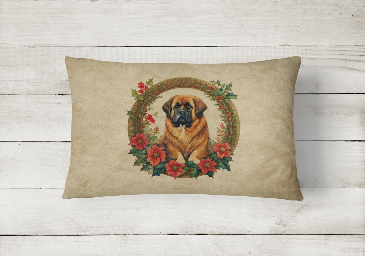 Tibetan Mastiff Christmas Flowers Decorative Throw Pillow 12x16 Indoor Outdoor Accent Cushion, Fabric Cover with Insert for Sofa, Bed, Porch & Living Room