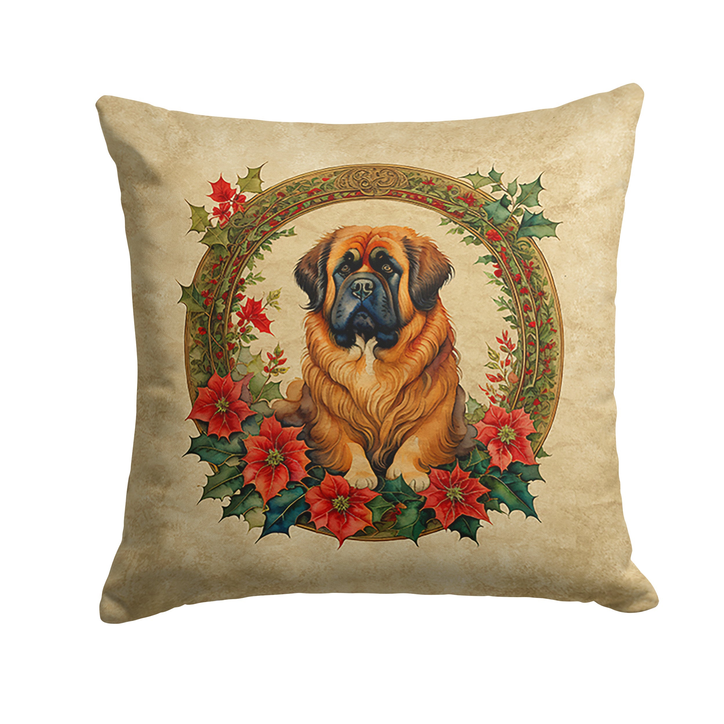 Tibetan Mastiff Christmas Flowers Decorative Throw Pillow 14x14 Indoor Outdoor Accent Cushion, Fabric Cover with Insert for Sofa, Bed, Porch & Living Room