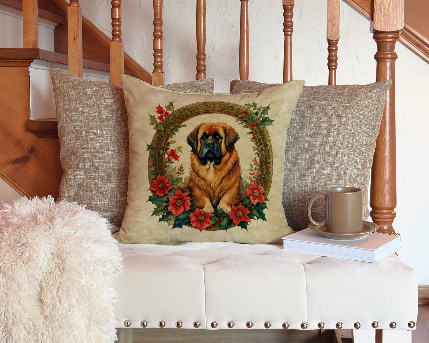 Tibetan Mastiff Christmas Flowers Decorative Throw Pillow 14x14 Indoor Outdoor Accent Cushion, Fabric Cover with Insert for Sofa, Bed, Porch & Living Room