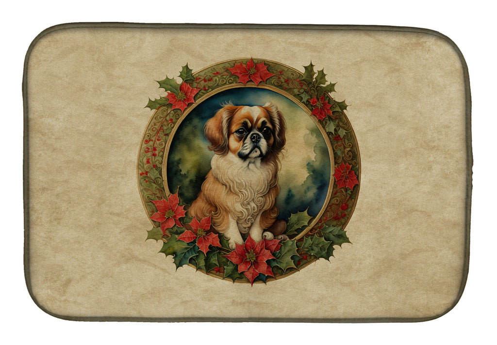 Tibetan Spaniel Christmas Flowers Dish Drying Mat Absorbent Dish Drying Mat Pad for Kitchen Counter Dish Drainer Mat for Countertop, 14 x 21", Multicolor