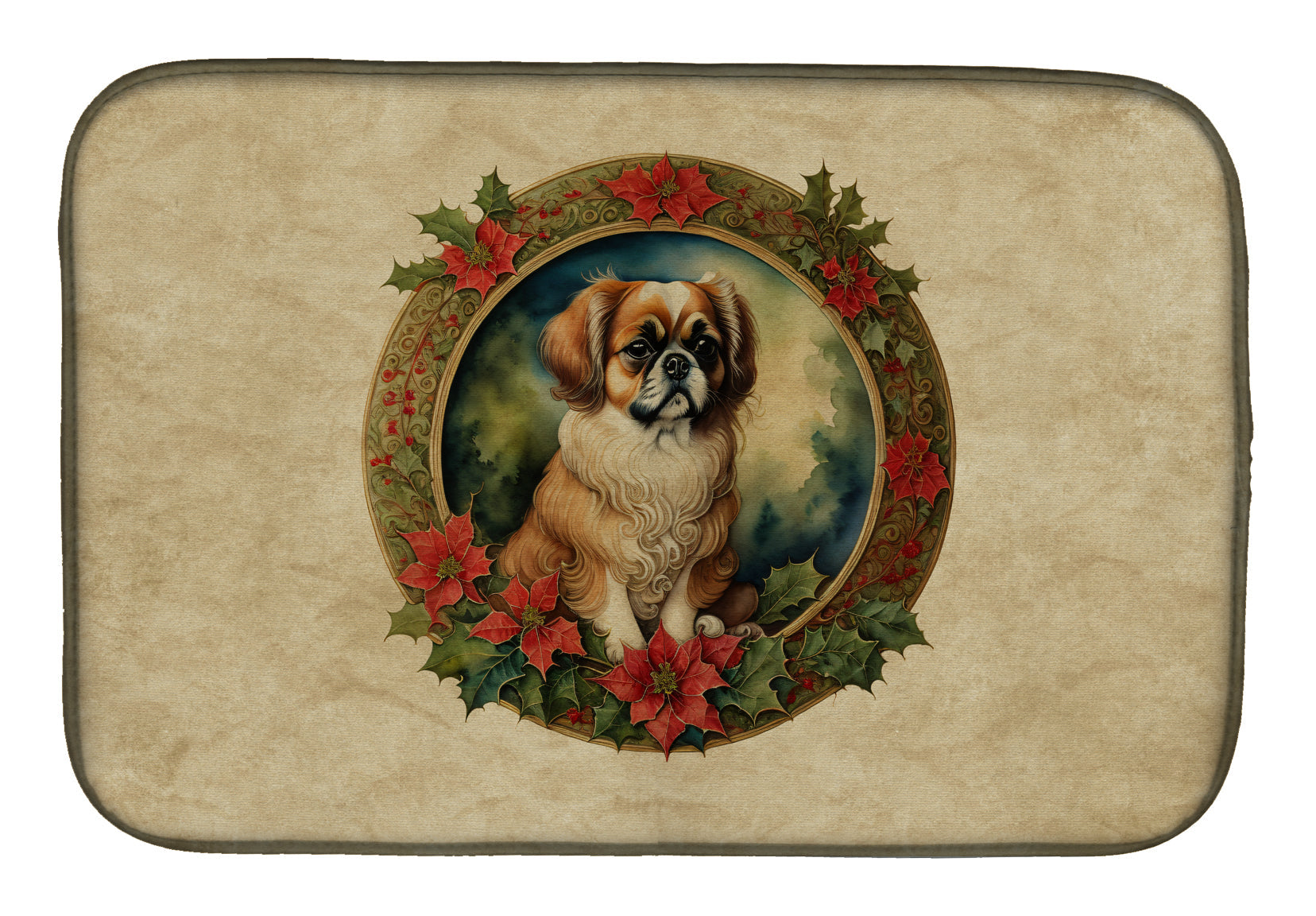 Tibetan Spaniel Christmas Flowers Dish Drying Mat Absorbent Dish Drying Mat Pad for Kitchen Counter Dish Drainer Mat for Countertop, 14 x 21", Multicolor