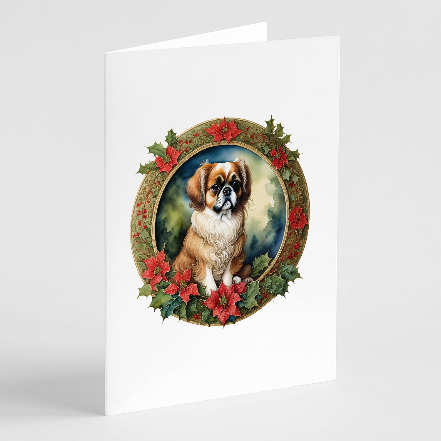 Tibetan Spaniel Christmas Flowers Greeting Cards Pack of 8 Blank Cards with Envelopes Whimsical A7 Size 5x7