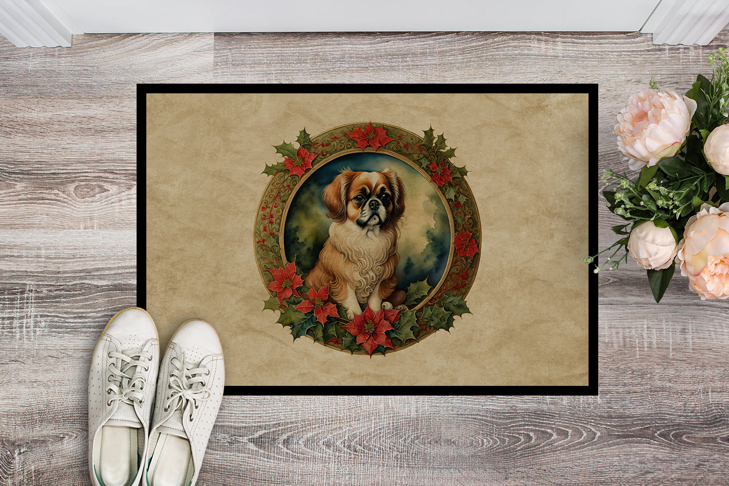 Tibetan Spaniel Christmas Flowers Doormat Indoor Outdoor 24H X 36W Front Door Mat Rugs for Entryway, Non Slip Washable Low Pile,