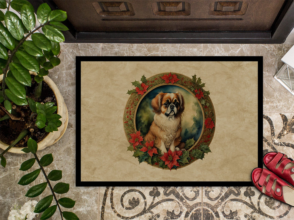 Tibetan Spaniel Christmas Flowers Doormat Indoor Outdoor 24H X 36W Front Door Mat Rugs for Entryway, Non Slip Washable Low Pile,