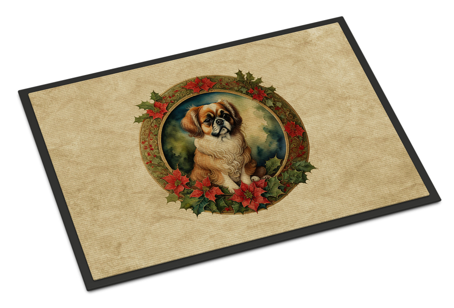 Tibetan Spaniel Christmas Flowers Doormat Indoor Outdoor 18H X 27W Front Door Mat Rugs for Entryway, Non Slip Washable