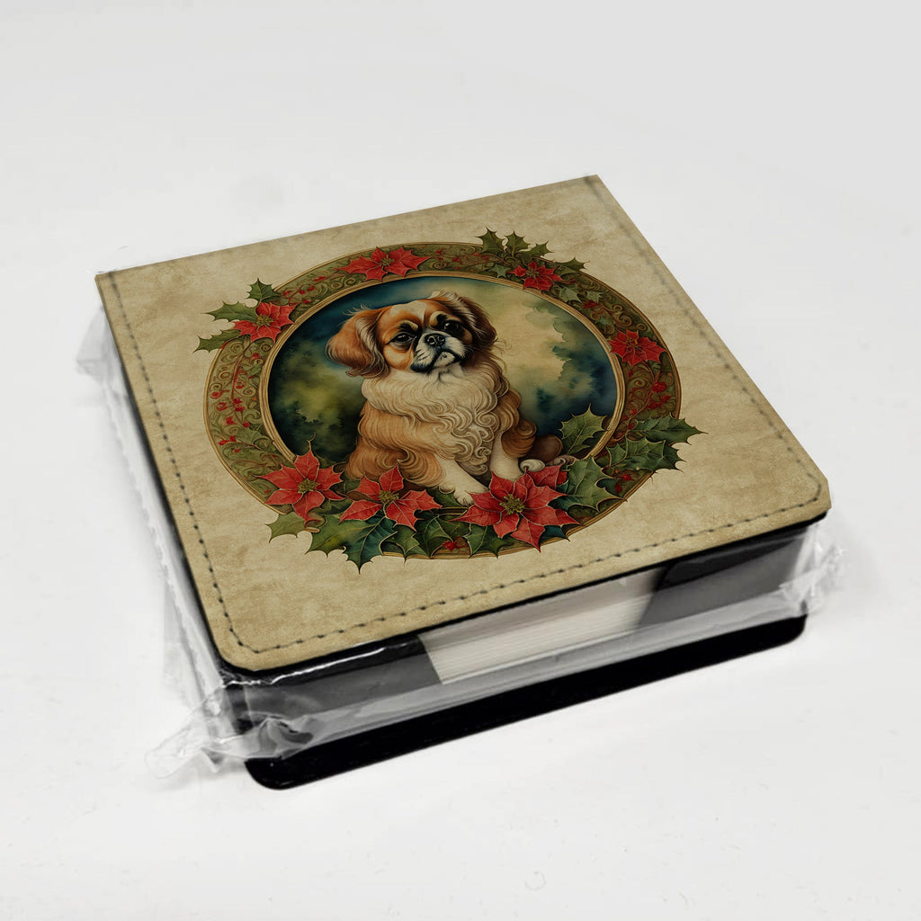 Tibetan Spaniel Christmas Flowers PU Leather Note Paper Holder with Artist-Designed Cover, Desk Accessory, Office Gift