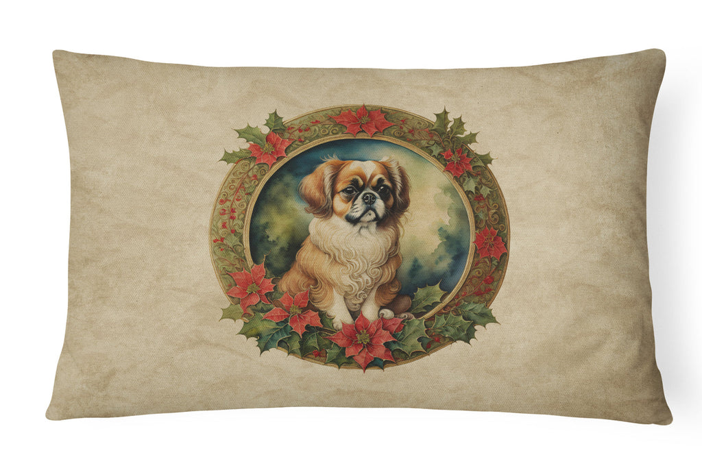 Tibetan Spaniel Christmas Flowers Decorative Throw Pillow 12x16 Indoor Outdoor Accent Cushion, Fabric Cover with Insert for Sofa, Bed, Porch & Living Room