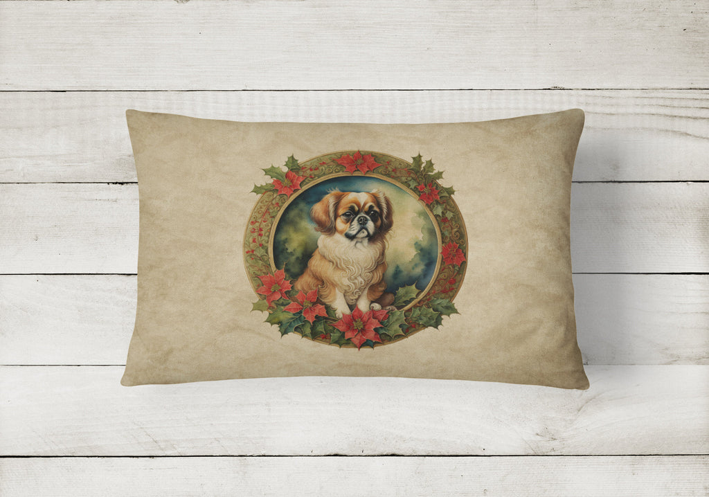 Tibetan Spaniel Christmas Flowers Decorative Throw Pillow 12x16 Indoor Outdoor Accent Cushion, Fabric Cover with Insert for Sofa, Bed, Porch & Living Room