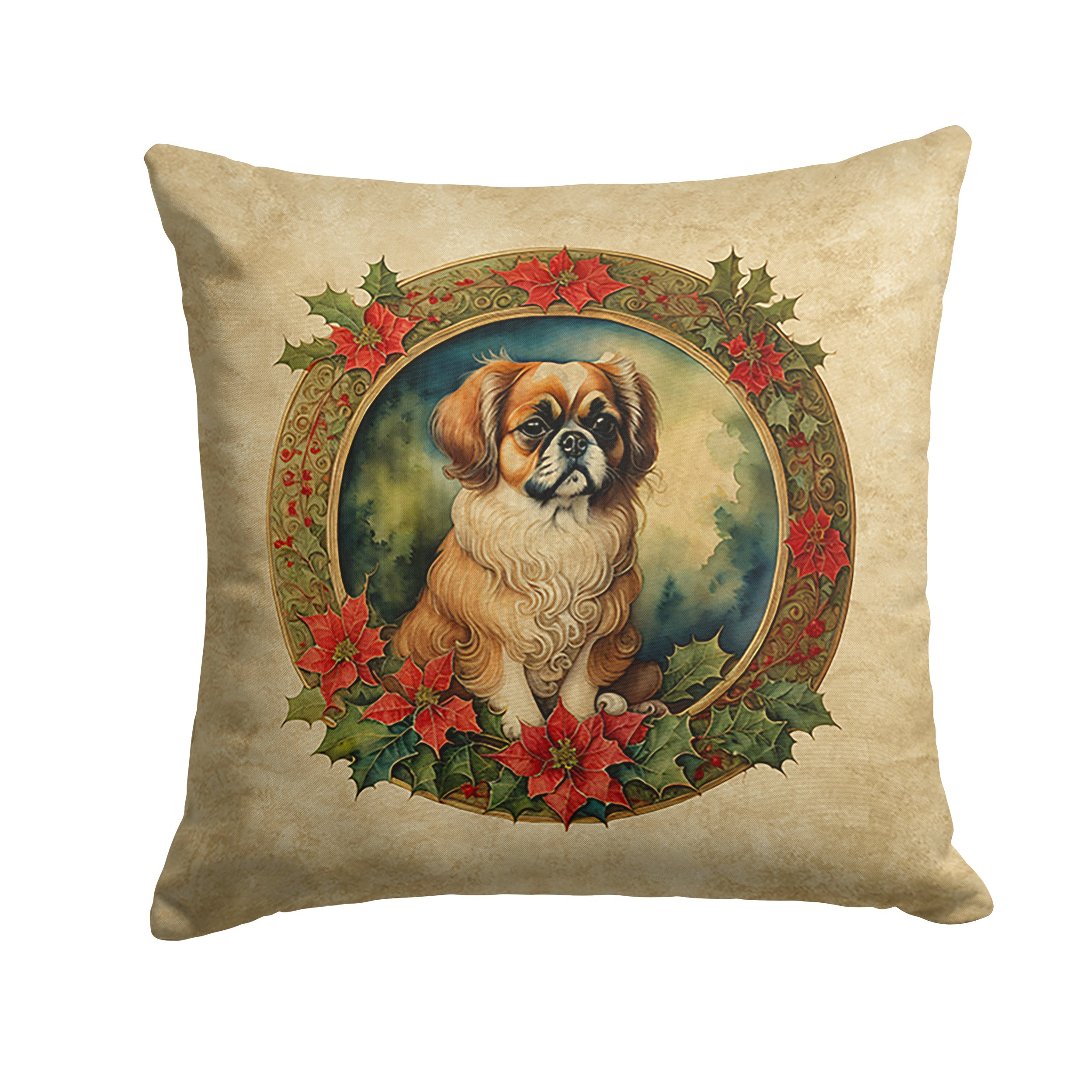 Tibetan Spaniel Christmas Flowers Decorative Throw Pillow 14x14 Indoor Outdoor Accent Cushion, Fabric Cover with Insert for Sofa, Bed, Porch & Living Room
