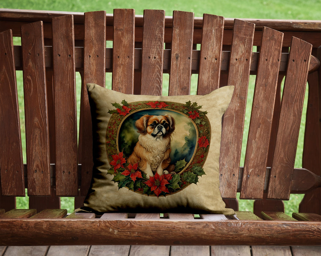 Tibetan Spaniel Christmas Flowers Decorative Throw Pillow 14x14 Indoor Outdoor Accent Cushion, Fabric Cover with Insert for Sofa, Bed, Porch & Living Room