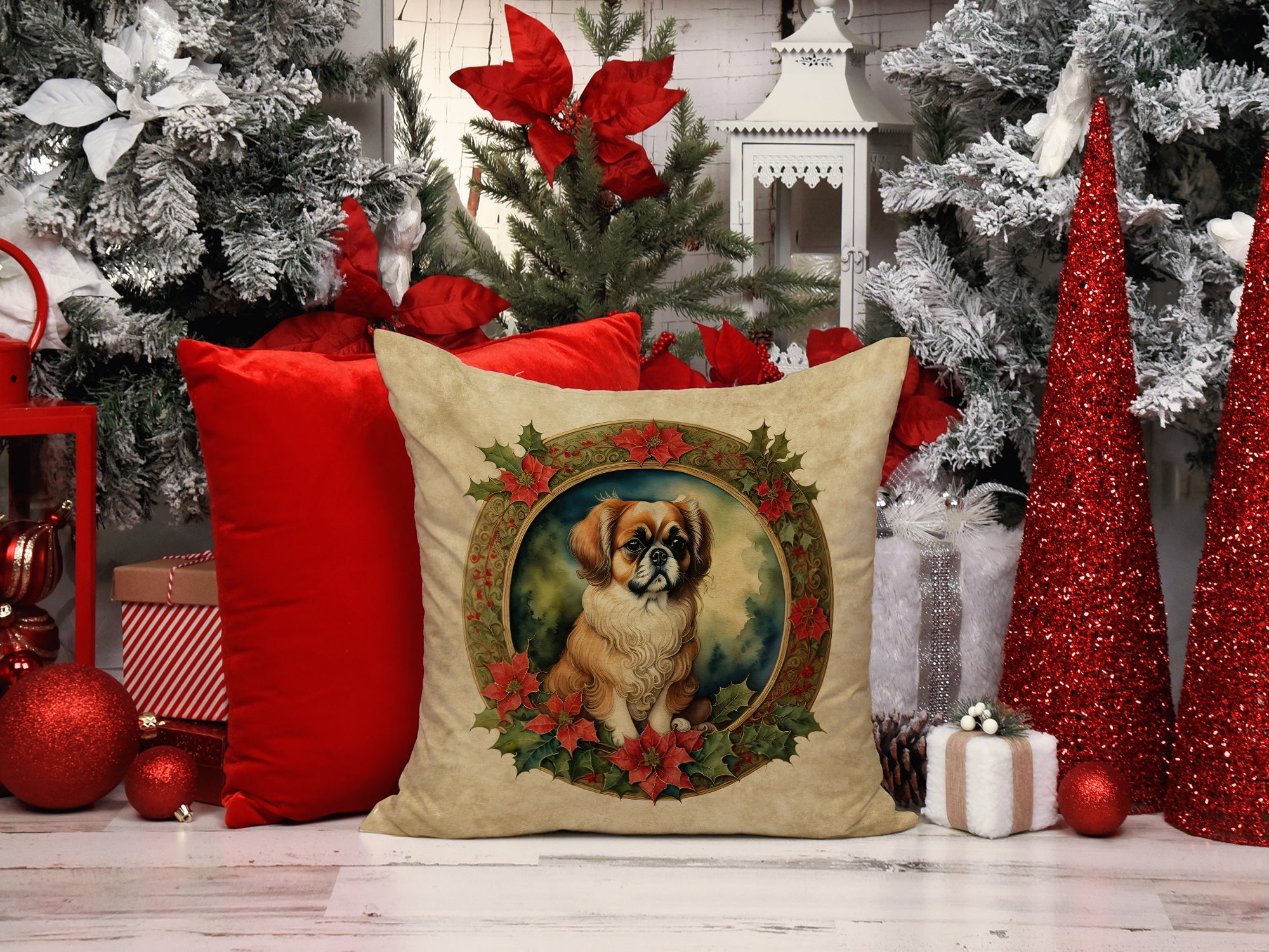 Tibetan Spaniel Christmas Flowers Decorative Throw Pillow 18x18 Indoor Outdoor Accent Cushion, Fabric Cover with Insert for Sofa, Bed, Porch & Living Room