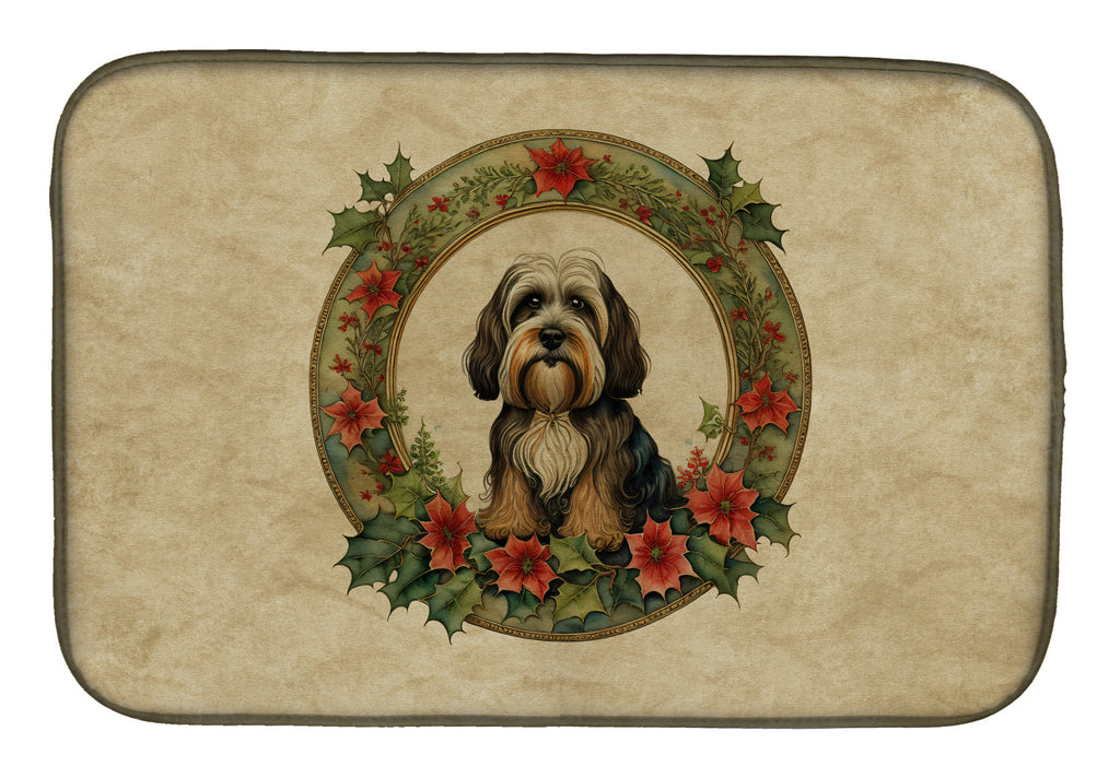 Tibetan Terrier Christmas Flowers Dish Drying Mat Absorbent Dish Drying Mat Pad for Kitchen Counter Dish Drainer Mat for Countertop, 14 x 21", Multicolor