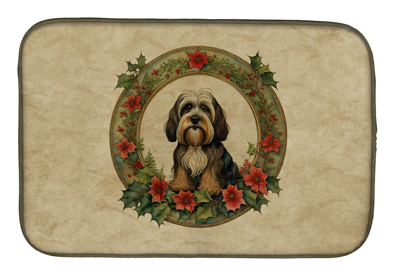 Tibetan Terrier Christmas Flowers Dish Drying Mat Absorbent Dish Drying Mat Pad for Kitchen Counter Dish Drainer Mat for Countertop, 14 x 21", Multicolor