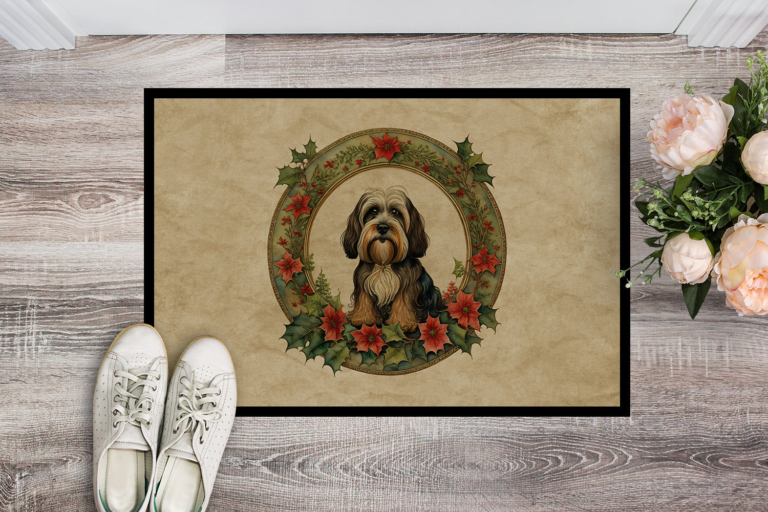 Tibetan Terrier Christmas Flowers Doormat Indoor Outdoor 24H X 36W Front Door Mat Rugs for Entryway, Non Slip Washable Low Pile,