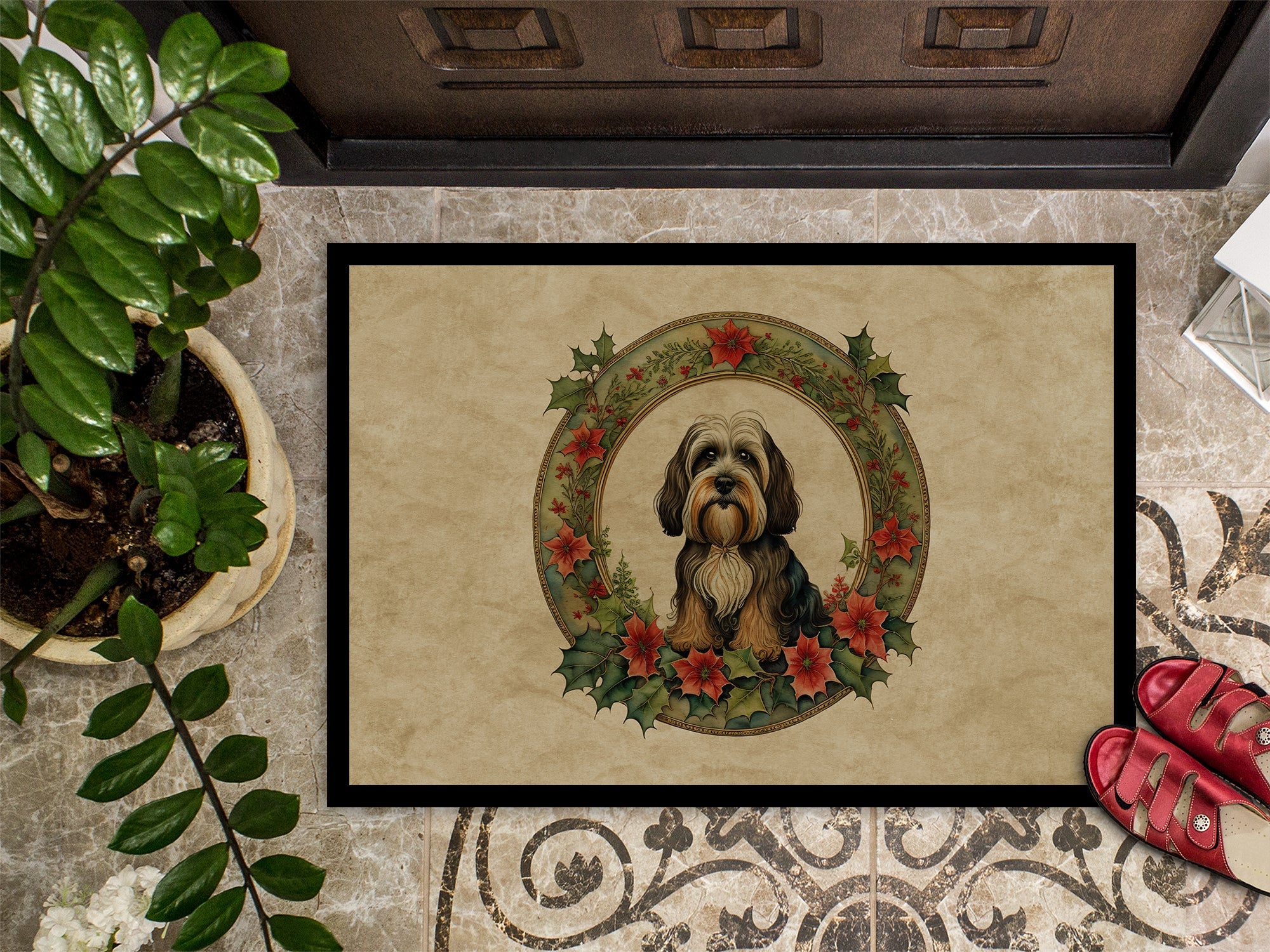 Tibetan Terrier Christmas Flowers Doormat Indoor Outdoor 24H X 36W Front Door Mat Rugs for Entryway, Non Slip Washable Low Pile,