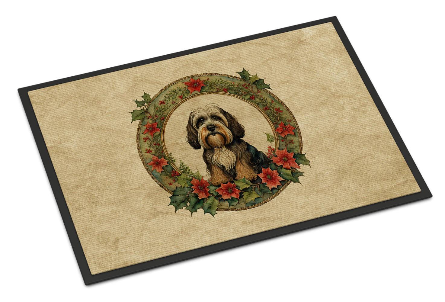 Tibetan Terrier Christmas Flowers Doormat Indoor Outdoor 18H X 27W Front Door Mat Rugs for Entryway, Non Slip Washable