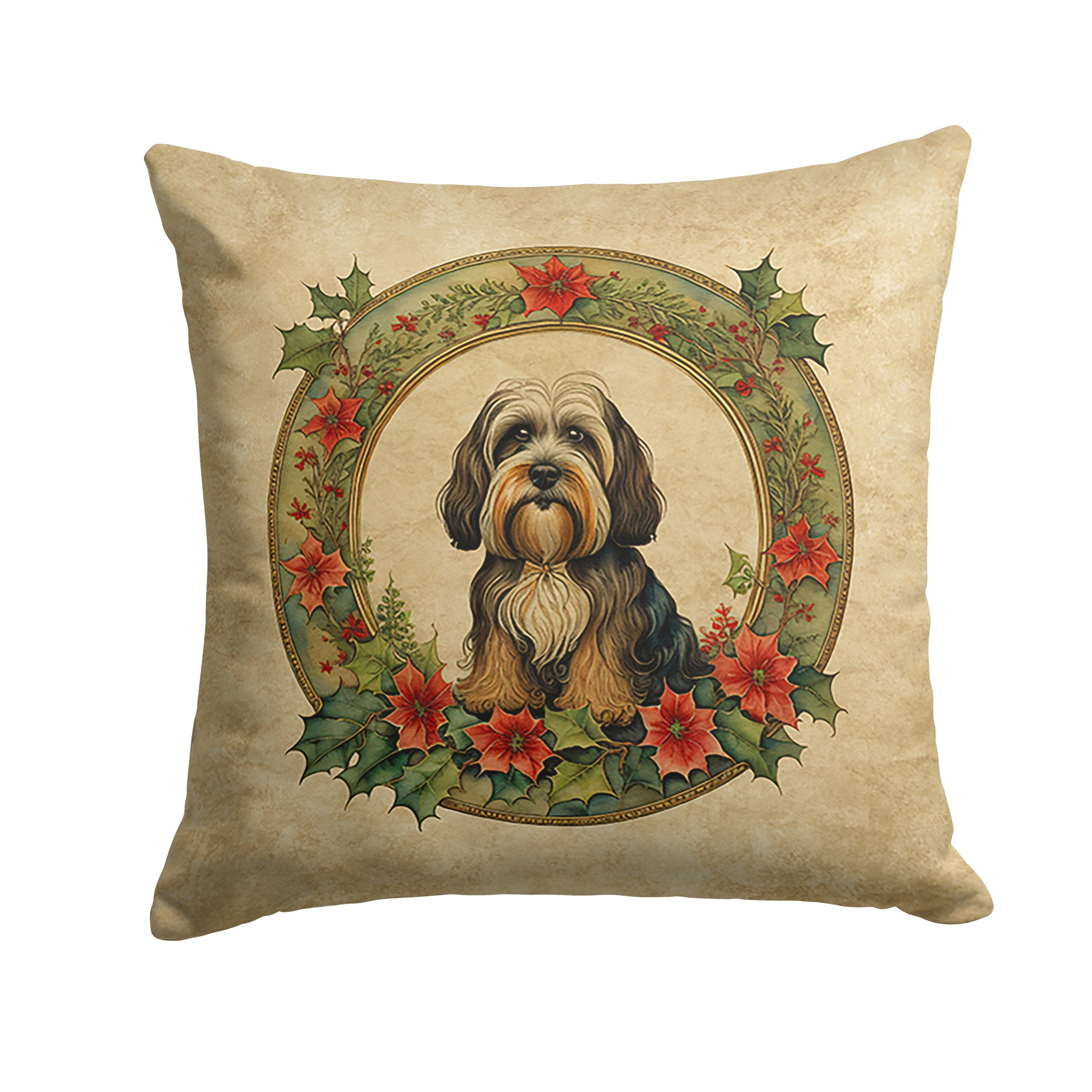 Tibetan Terrier Christmas Flowers Decorative Throw Pillow 18x18 Indoor Outdoor Accent Cushion, Fabric Cover with Insert for Sofa, Bed, Porch & Living Room