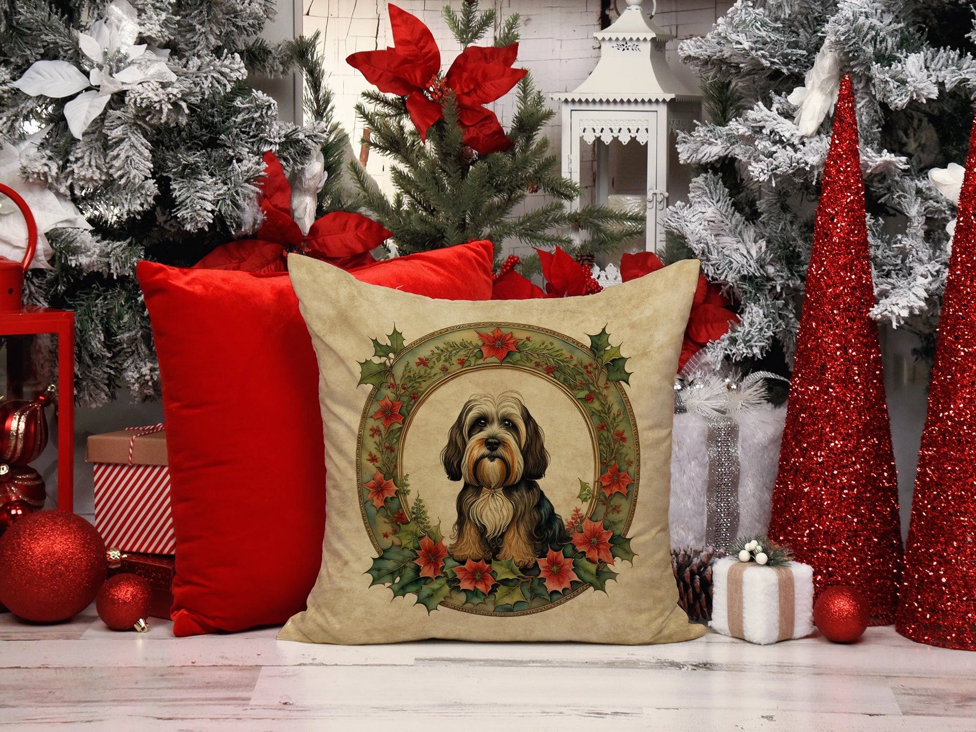 Tibetan Terrier Christmas Flowers Decorative Throw Pillow 18x18 Indoor Outdoor Accent Cushion, Fabric Cover with Insert for Sofa, Bed, Porch & Living Room