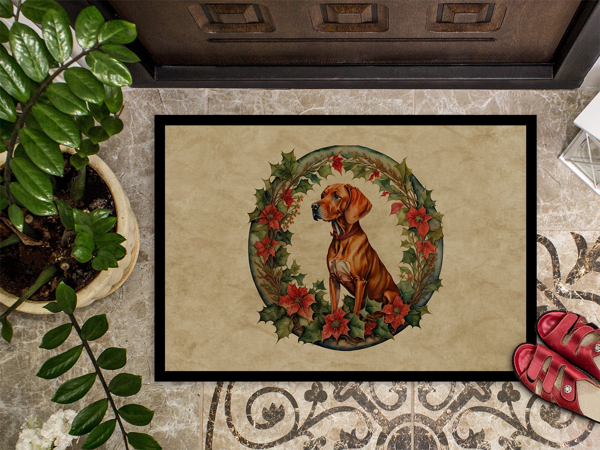 Vizsla Christmas Flowers Doormat Indoor Outdoor 18H X 27W Front Door Mat Rugs for Entryway, Non Slip Washable