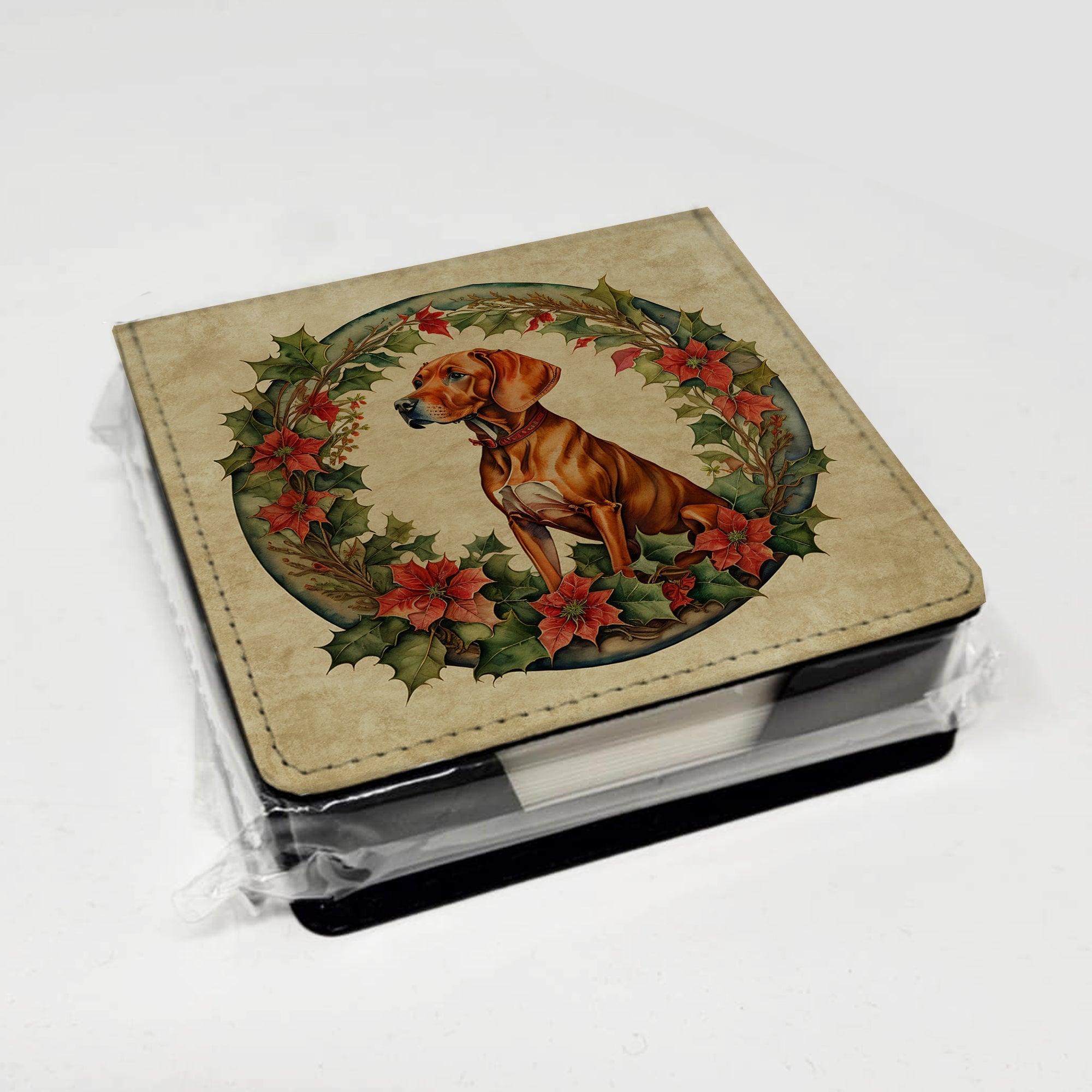 Vizsla Christmas Flowers PU Leather Note Paper Holder with Artist-Designed Cover, Desk Accessory, Office Gift