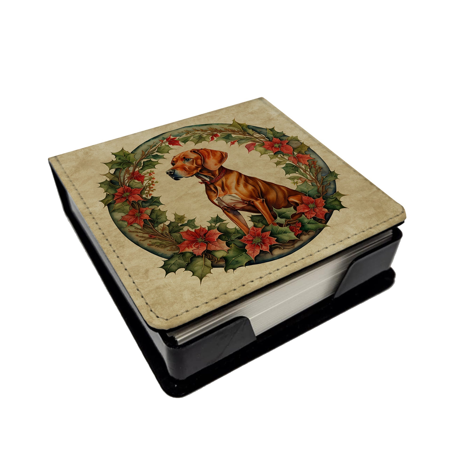 Vizsla Christmas Flowers PU Leather Note Paper Holder with Artist-Designed Cover, Desk Accessory, Office Gift