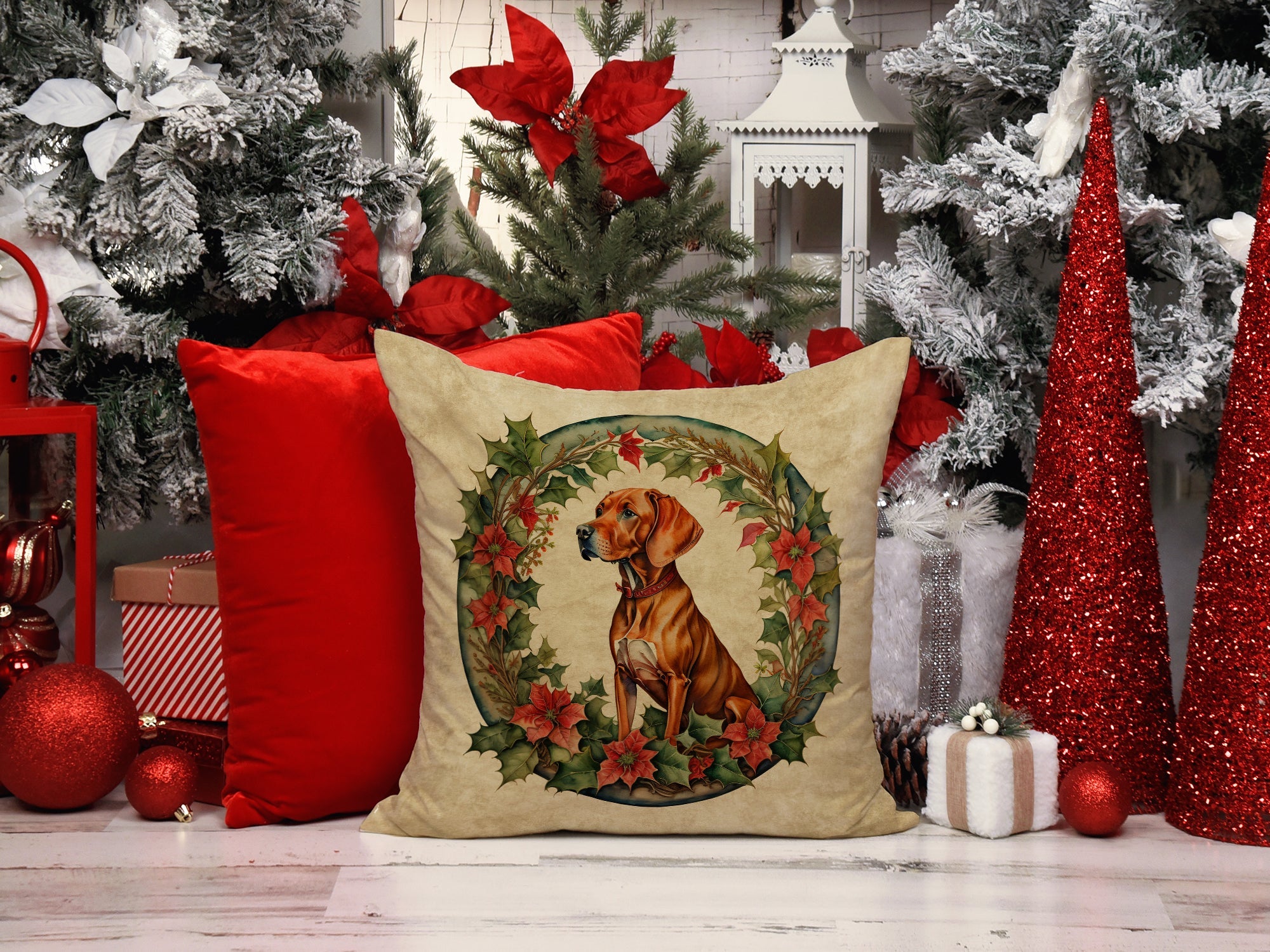 Vizsla Christmas Flowers Decorative Throw Pillow 18x18 Indoor Outdoor Accent Cushion, Fabric Cover with Insert for Sofa, Bed, Porch & Living Room