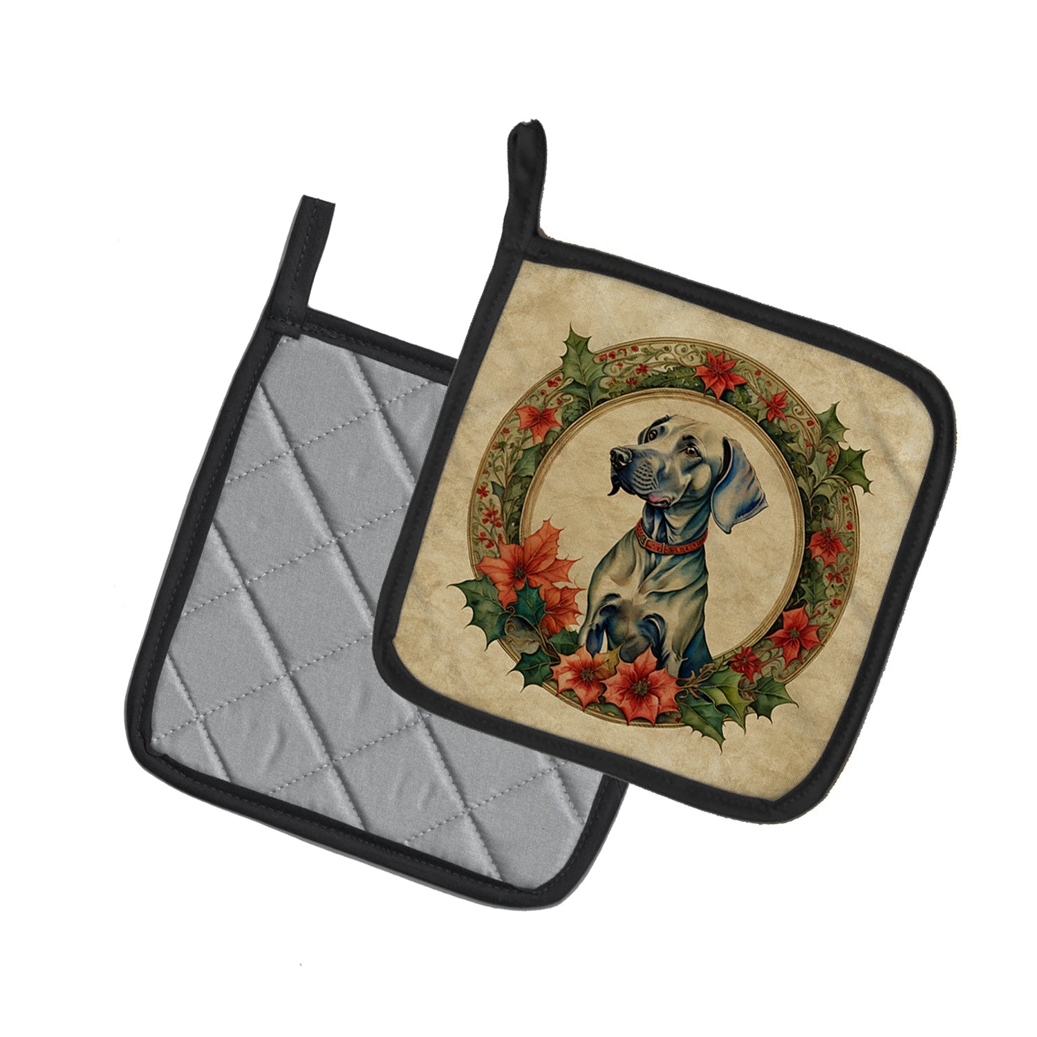 Weimaraner Christmas Flowers Pot Holder Set of 2 Heat Resistant Quilted Hot Pads 7.5 x 7.5 Inch, Insulated Kitchen Trivets for Cooking & Baking