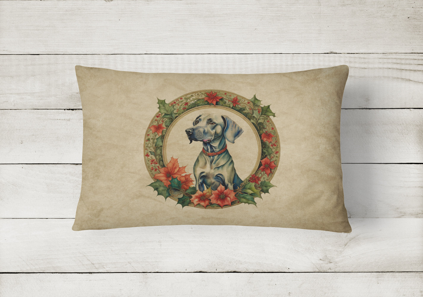 Weimaraner Christmas Flowers Decorative Throw Pillow 12x16 Indoor Outdoor Accent Cushion, Fabric Cover with Insert for Sofa, Bed, Porch & Living Room