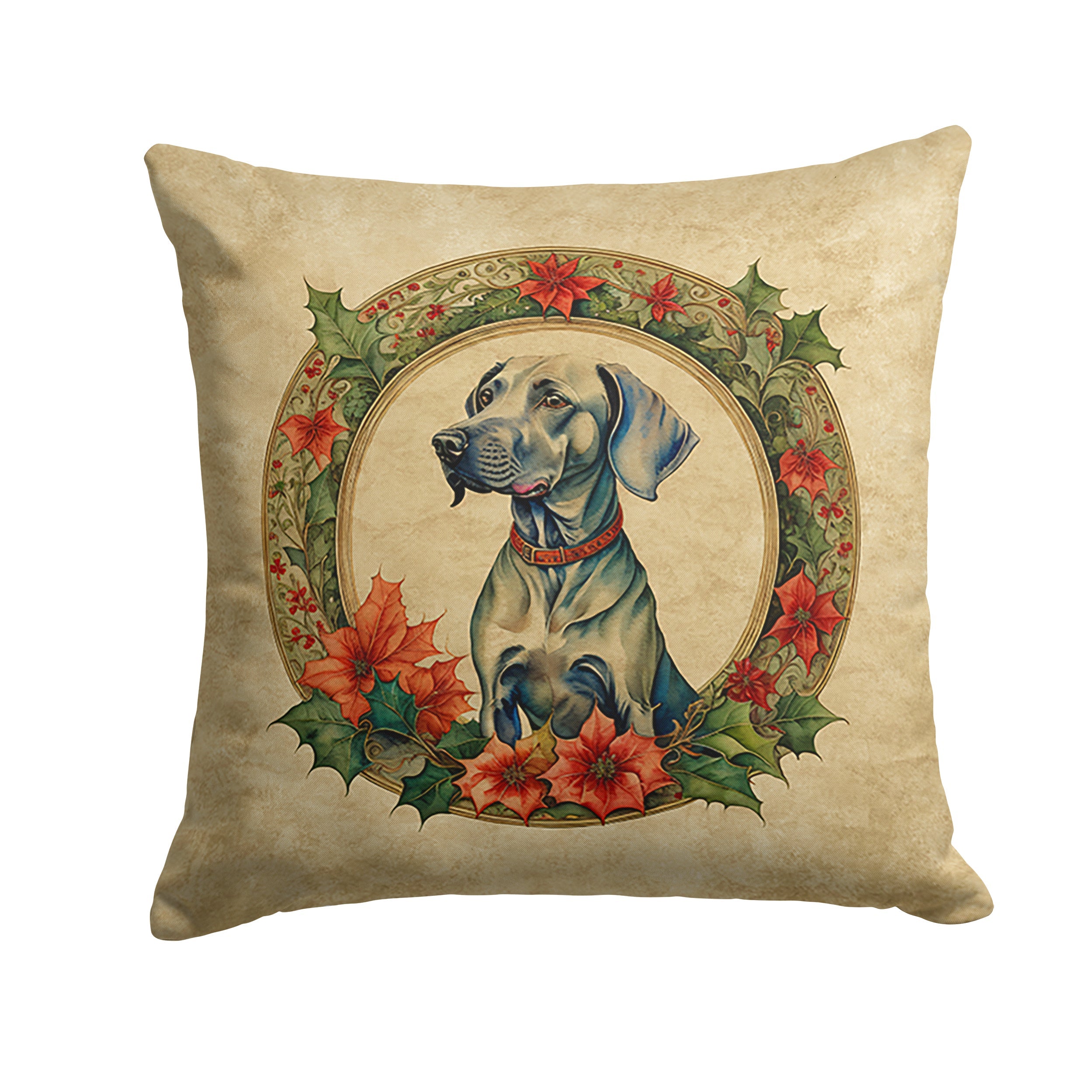 Weimaraner Christmas Flowers Decorative Throw Pillow 18x18 Indoor Outdoor Accent Cushion, Fabric Cover with Insert for Sofa, Bed, Porch & Living Room