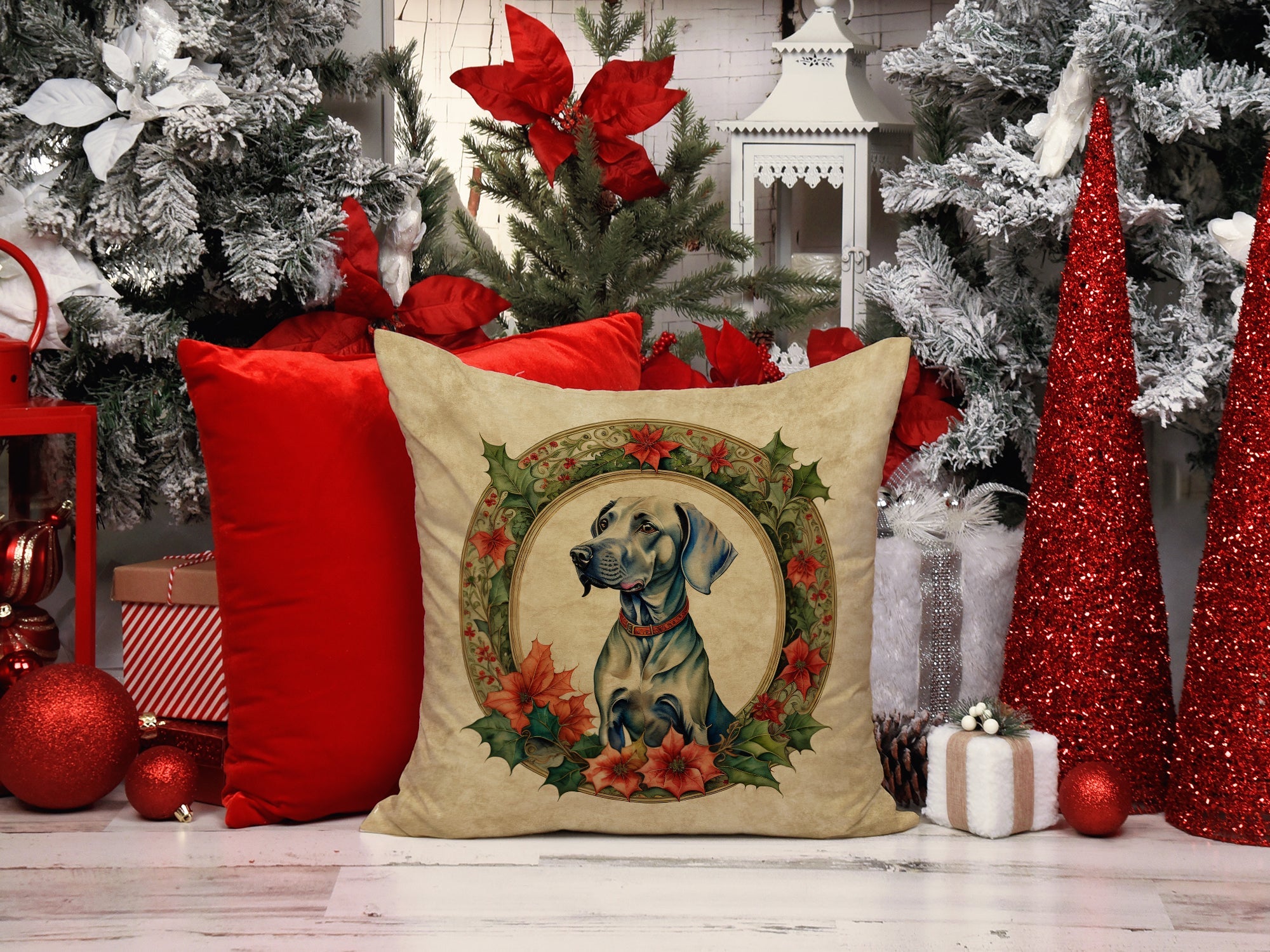 Weimaraner Christmas Flowers Decorative Throw Pillow 18x18 Indoor Outdoor Accent Cushion, Fabric Cover with Insert for Sofa, Bed, Porch & Living Room