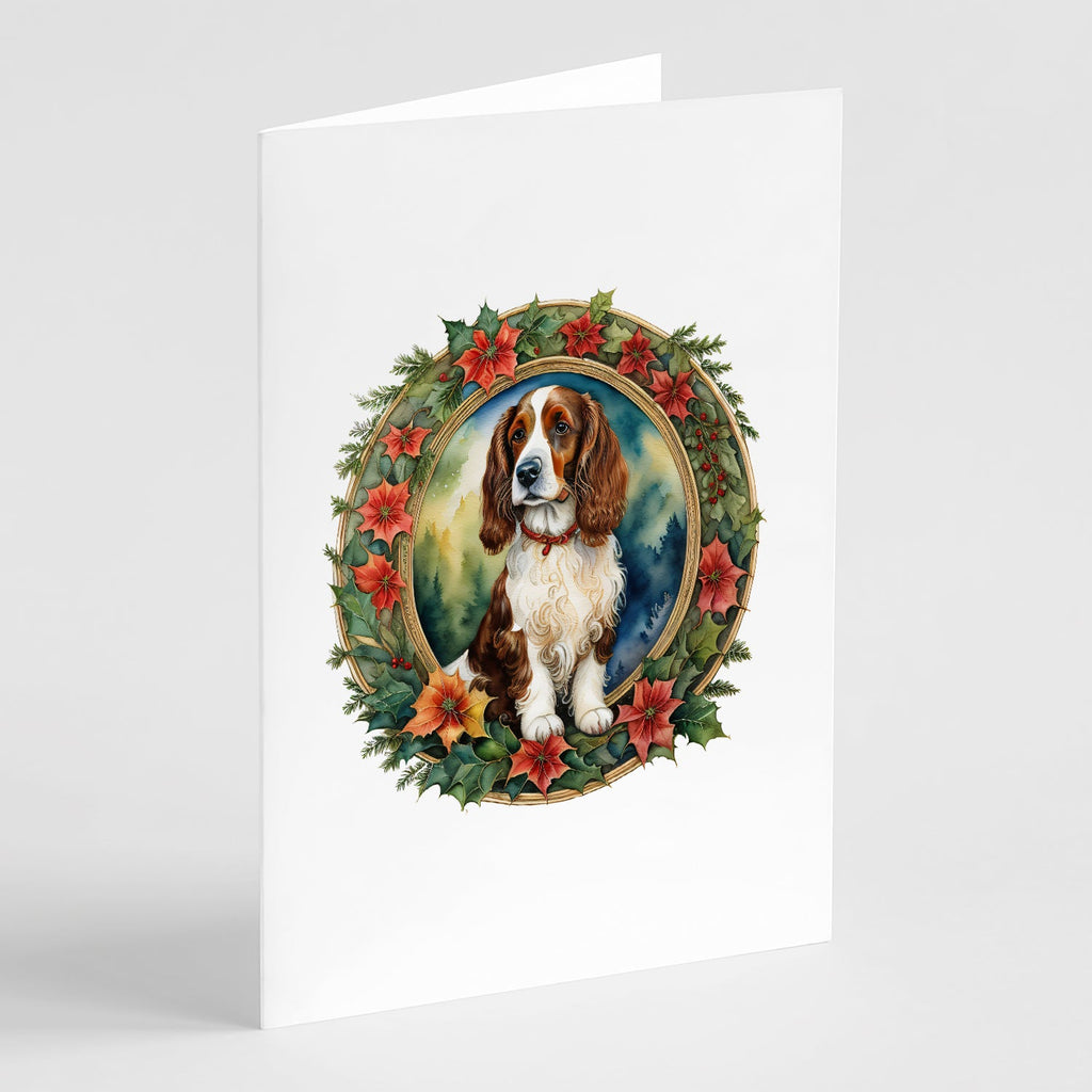 Welsh Springer Spaniel Christmas Flowers Greeting Cards Pack of 8 Blank Cards with Envelopes Whimsical A7 Size 5x7