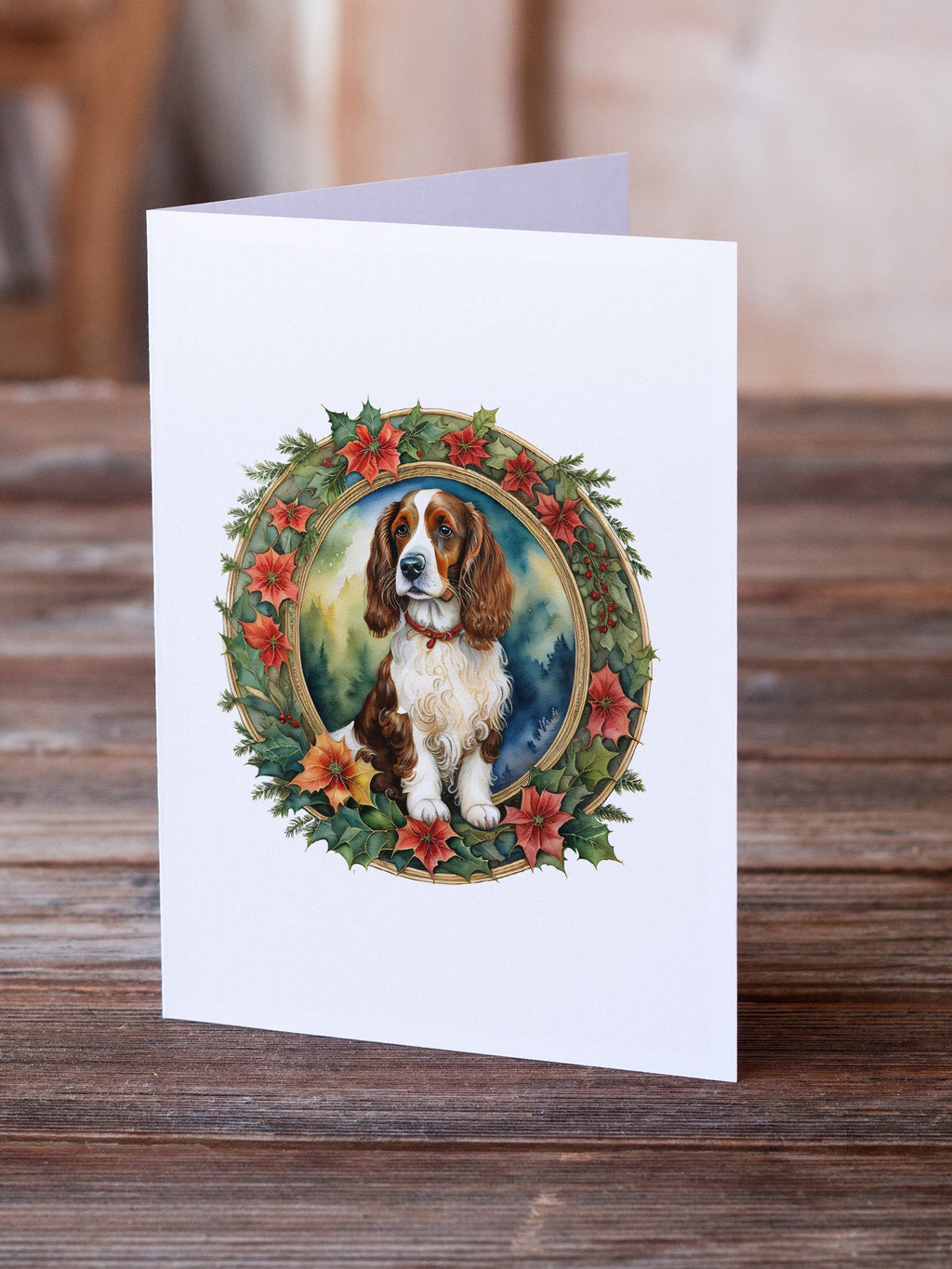 Welsh Springer Spaniel Christmas Flowers Greeting Cards Pack of 8 Blank Cards with Envelopes Whimsical A7 Size 5x7
