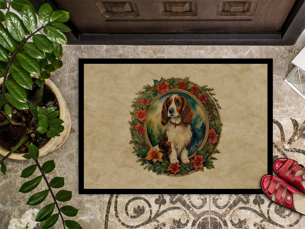 Welsh Springer Spaniel Christmas Flowers Doormat Indoor Outdoor 24H X 36W Front Door Mat Rugs for Entryway, Non Slip Washable Low Pile,