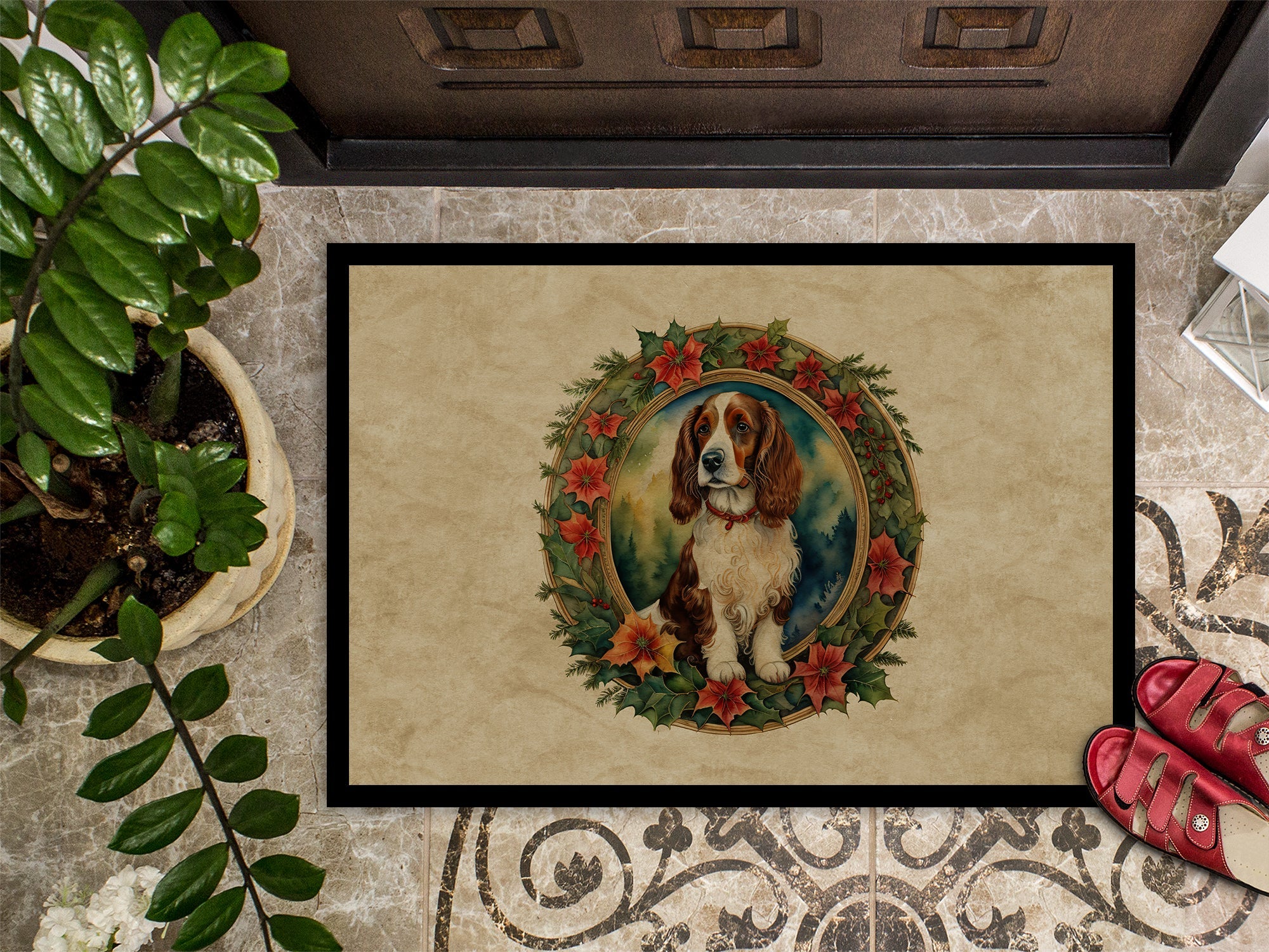 Welsh Springer Spaniel Christmas Flowers Doormat Indoor Outdoor 24H X 36W Front Door Mat Rugs for Entryway, Non Slip Washable Low Pile,
