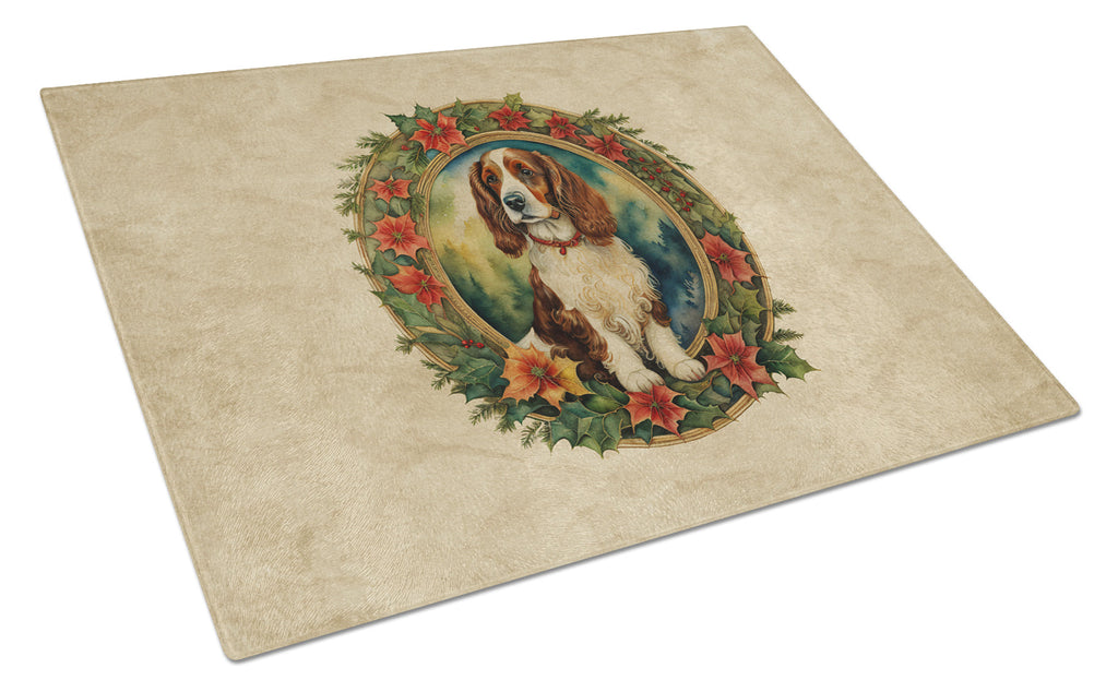 Welsh Springer Spaniel Christmas Flowers Cutting Board Tempered Glass Kitchen Cutting Surface, Heat Resistant Chopping, Non-Slip Feet, Food Prep & Serving