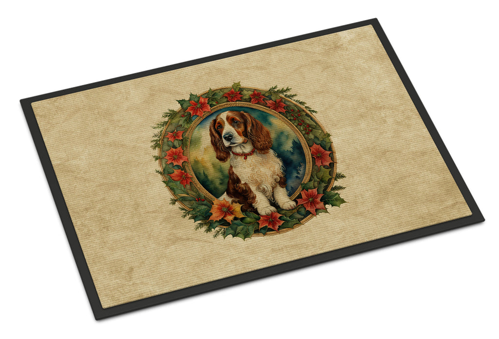 Welsh Springer Spaniel Christmas Flowers Doormat Indoor Outdoor 18H X 27W Front Door Mat Rugs for Entryway, Non Slip Washable